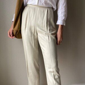 Vintage Beige Straight Leg Rayon Trousers Elastic Back